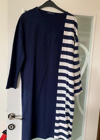 Pamuklu Mavi Çizgili Midi tunik - Görsel 2