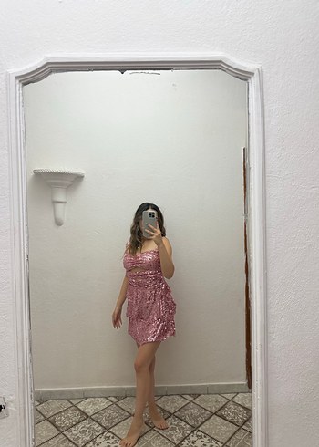 Diğer Pembe Parlak Pul Detaylı Midi Abiye Elbise