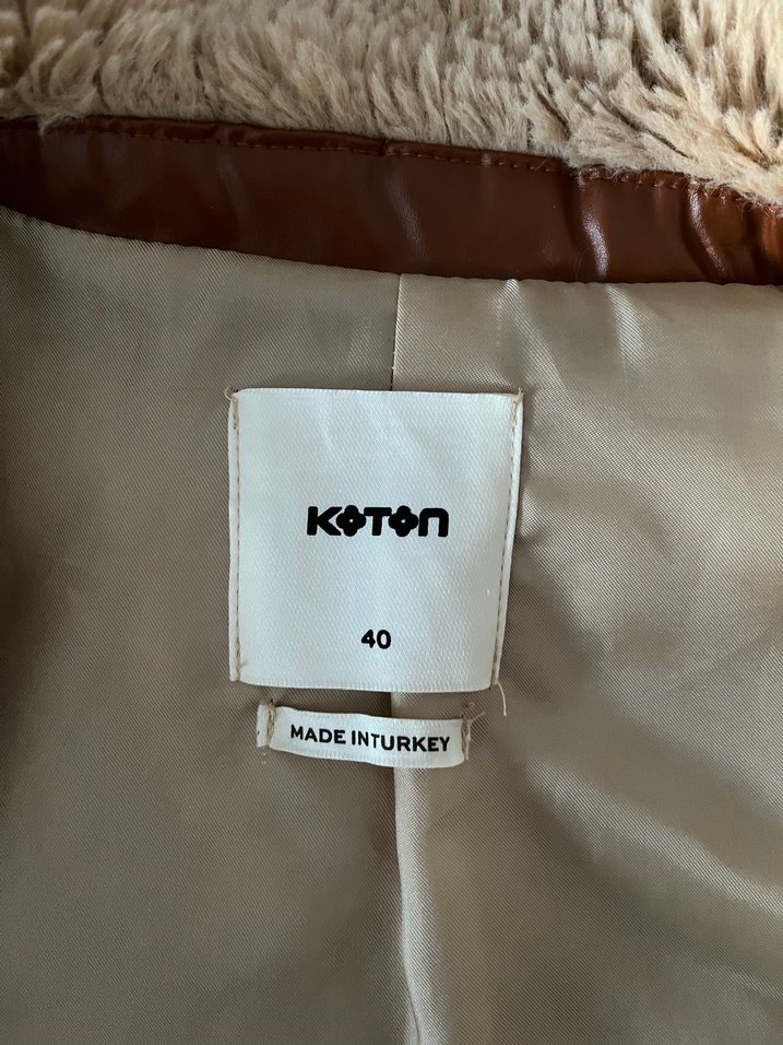 Koton Peluş Kahverengi Deri Detaylı Ceket - Görsel 4