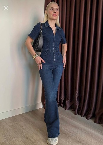 Kadın Lacivert Denim Fermuarlı Tulum - Görsel 2