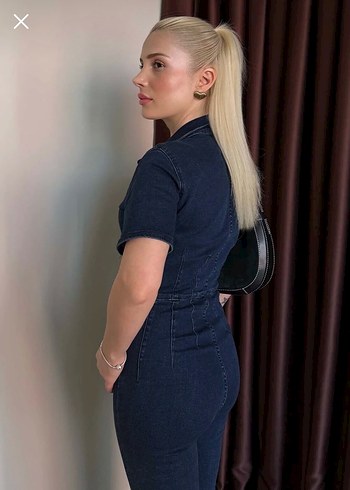 Kadın Lacivert Denim Fermuarlı Tulum - Görsel 3