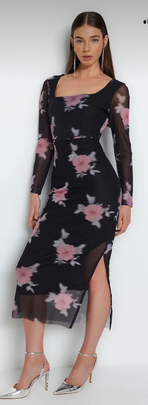 Siyah Tül Pembe Çiçekli Kare Yaka Elbise - Görsel 2