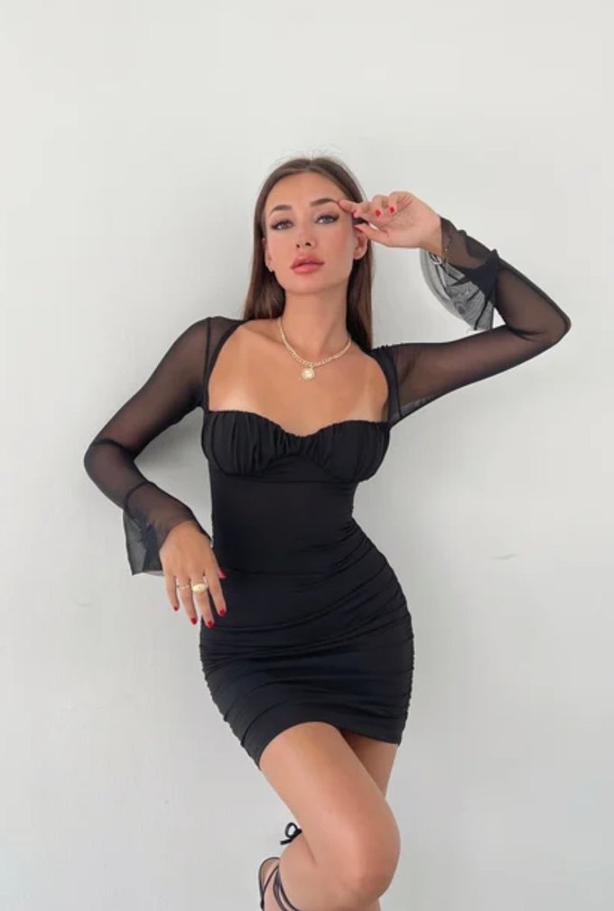 Siyah Kolları Tül Göğüs Kısmı Drapeli Elbise - Görsel 2