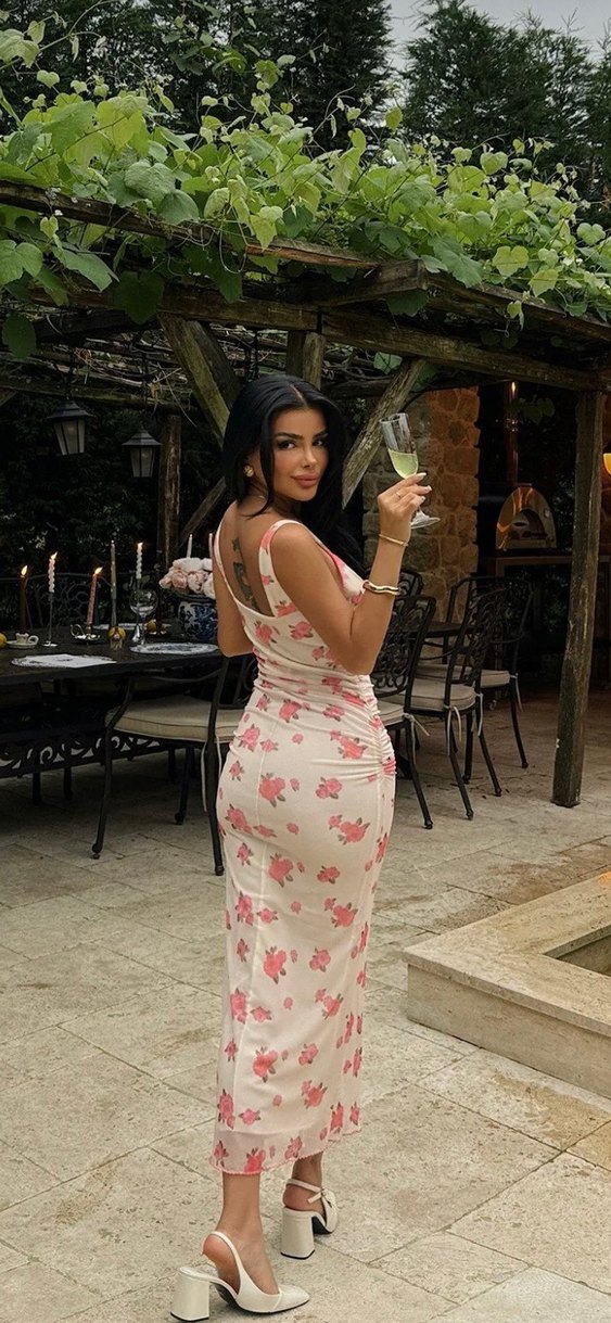 Eyyo Beyaz Çiçek Desen Uzun Elbise - Görsel 3