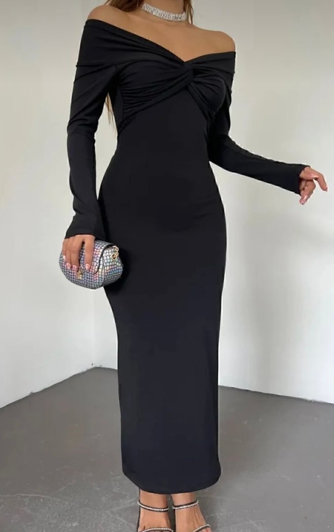 Siyah Kayık Yaka Önü Kruvaze Midi Elbise - Görsel 3