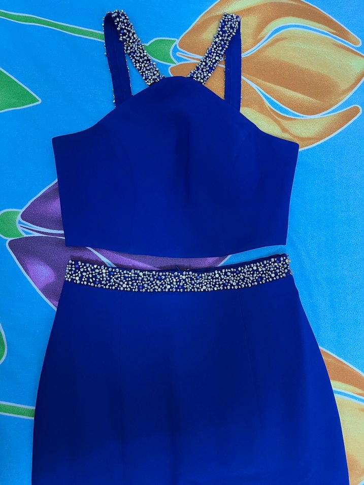 Saks mavisi double krep elbise - Görsel 4