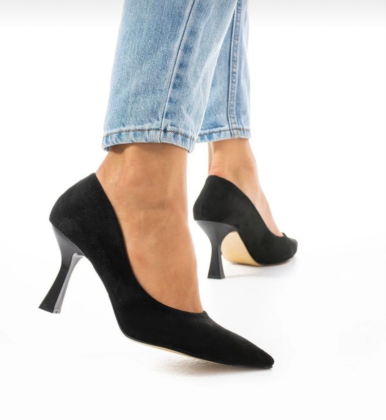 Siyah süet stiletto 8,5cm topuklu ayakkabı - Görsel 3