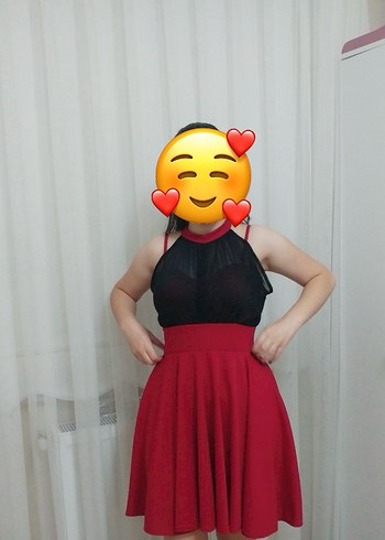Diğer Kırmızı altı krep, üstü tül belden açılan mini elbise