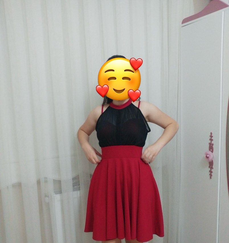 Kırmızı altı krep, üstü tül belden açılan mini elbise - Görsel 2