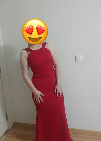 Kırmızı krep likralı uzun elbise