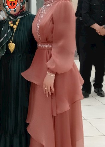 Kiremit İşlemeli Uzun Kollu kat kat Abiye Elbise - Görsel 2