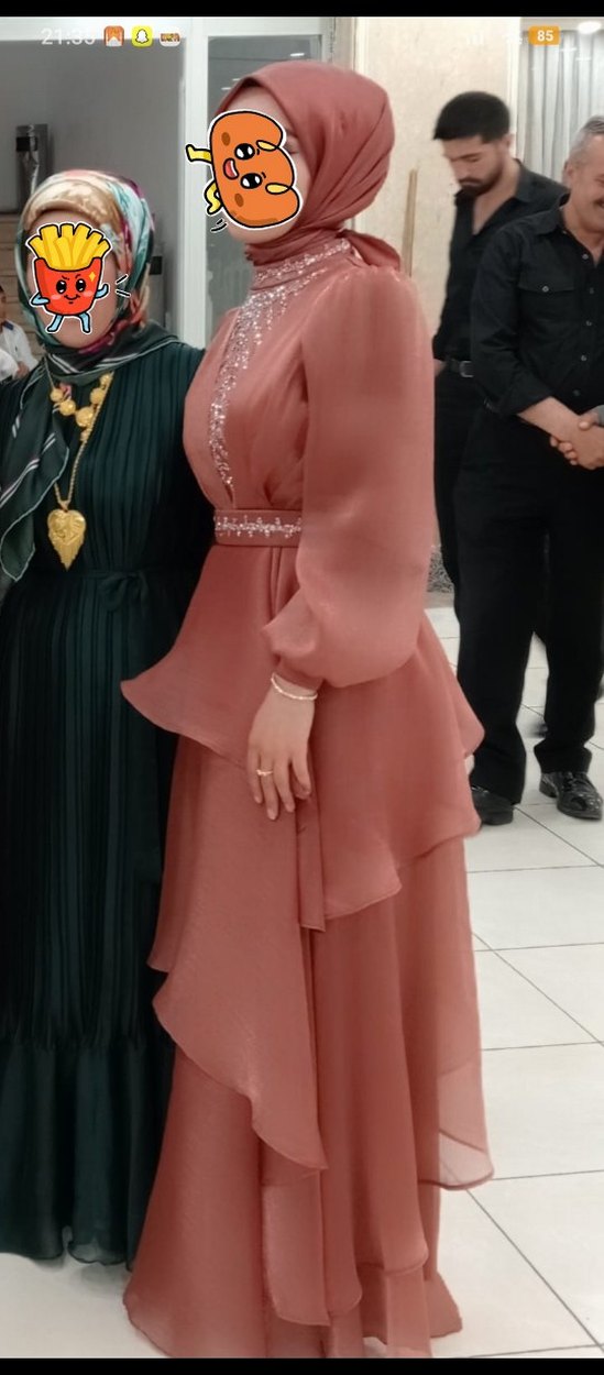 Kiremit İşlemeli Uzun Kollu kat kat Abiye Elbise - Görsel 2