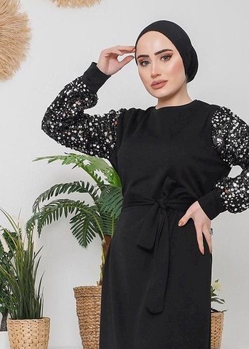 Uzun Kol Siyah Kolları pullu kemeri pullu tunik - Görsel 2