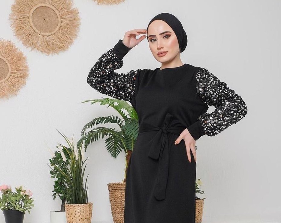 Uzun Kol Siyah Kolları pullu kemeri pullu tunik - Görsel 2