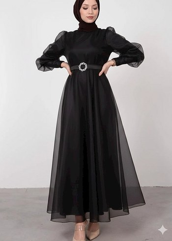Siyah Kemerli Uzun Kadın Abiye Elbise - Görsel 2