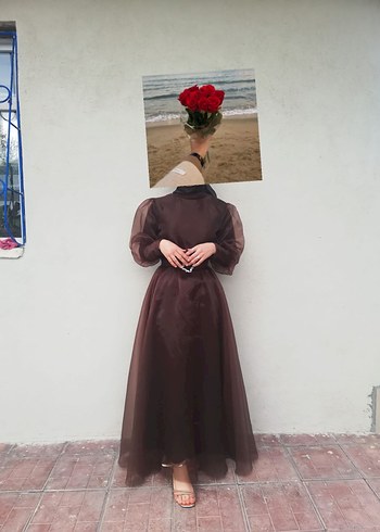 Kahverengi Parlak Uzun Abiye Elbise - Görsel 2