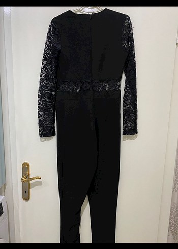 Uzun Kollu Siyah Dantelli Kadın Tulum - Görsel 2