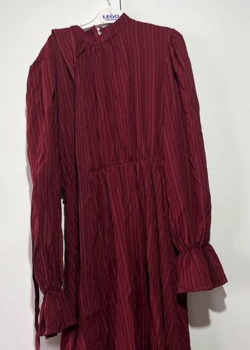 Bordo Piliseli Uzun Keten Elbise - Görsel 2