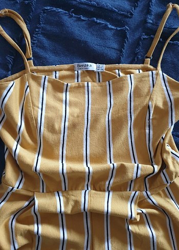 Bershka Sarı Çizgili Askılı Kadın Tulum