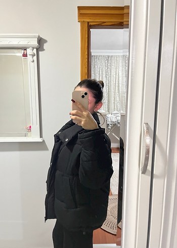xs Beden Siyah Oversize Puff Mont Yüksek Yakalı