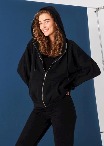 Siyah Fermuarlı Kadın Sweatshirt