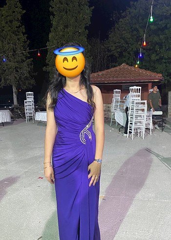 Diğer Parlak Mor Drapeli Straplez Uzun Elbise