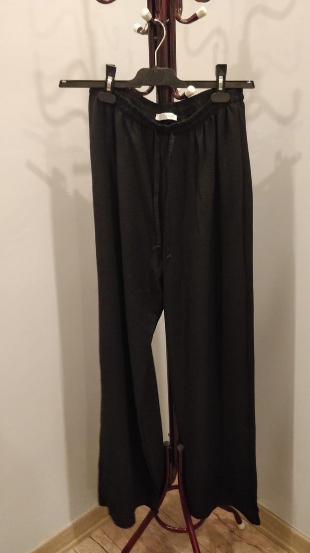 Kadın Siyah Salaş keten görünümlü kumaş Pantolon - Görsel 2