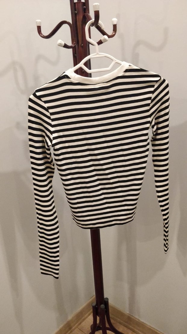 Beyaz-Siyah Çizgili Uzun Kollu Kadın triko - Görsel 2