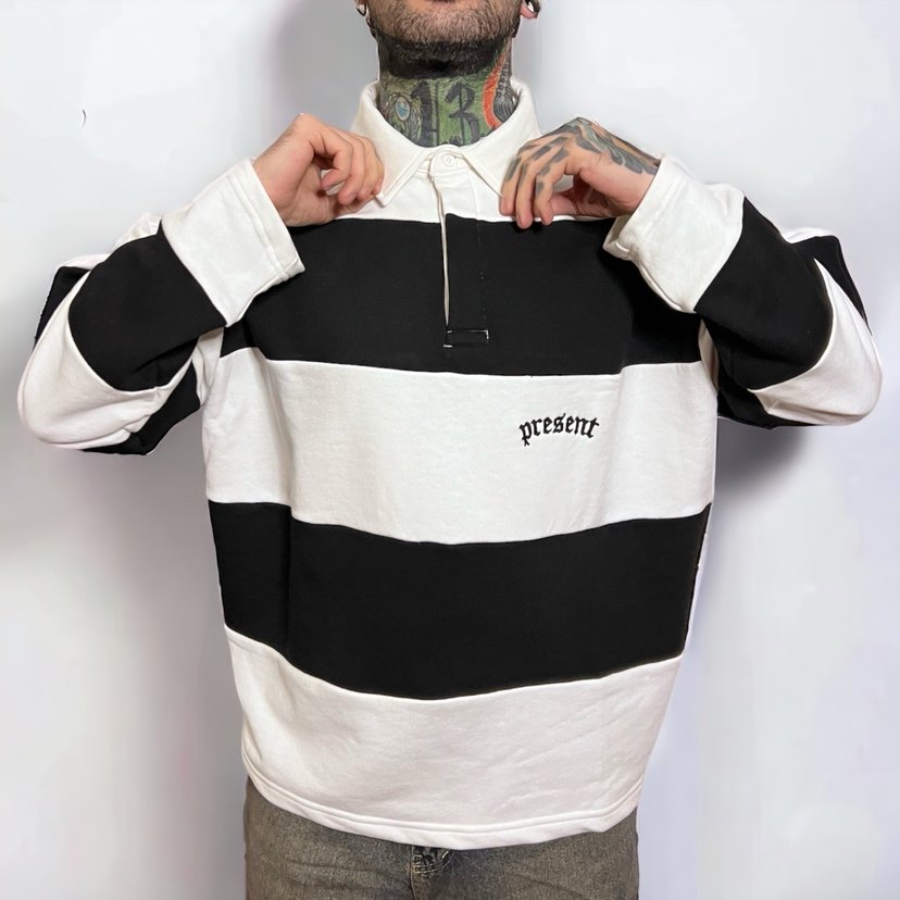 Erkek Siyah Beyaz oversize Çizgili şardonsuz sweat - Görsel 3