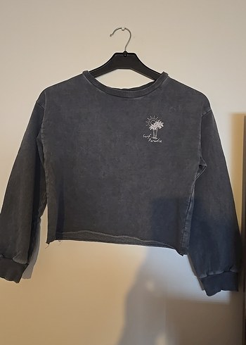 Kız Çocuk Gri Denim Sweatshirt Mini Kesim