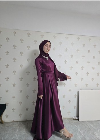 Armine Mor Uzun Drapeli Saten Abiye Elbise