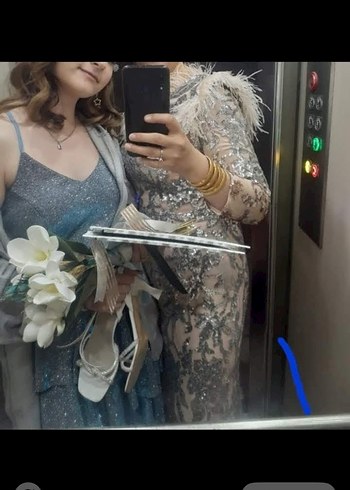 Pembe payetli  Uzun Kollu Abiye Elbise - Görsel 3