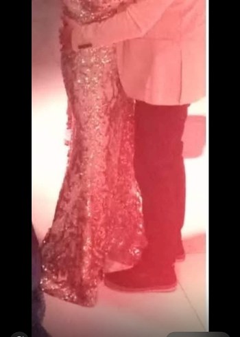 Pembe payetli  Uzun Kollu Abiye Elbise - Görsel 4