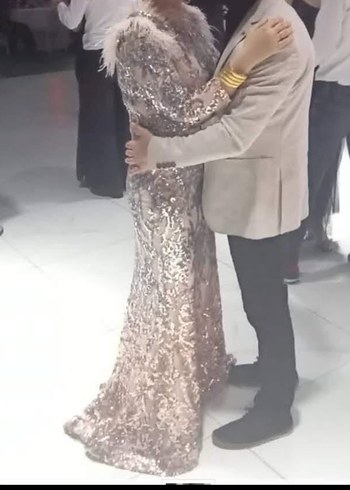 Pembe payetli  Uzun Kollu Abiye Elbise - Görsel 2