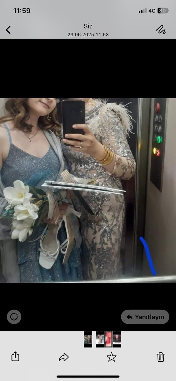 Pembe payetli  Uzun Kollu Abiye Elbise - Görsel 3