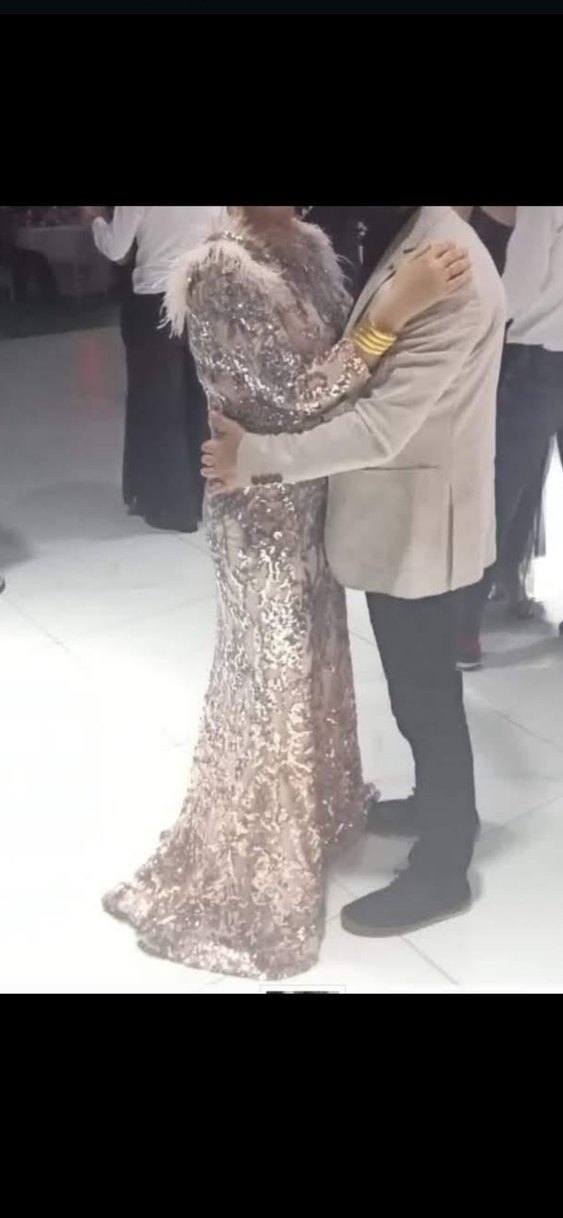 Pembe payetli  Uzun Kollu Abiye Elbise - Görsel 2