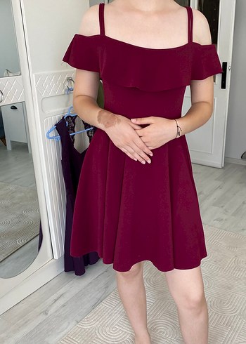 Bordo Straplez Midi Mezuniyet Elbisesi - Görsel 2