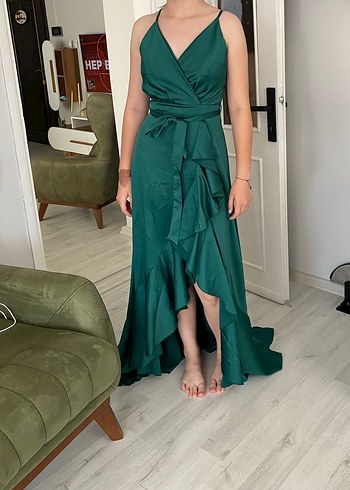 Yeşil Uzun Drapeli ip askılı Elbise - Görsel 4
