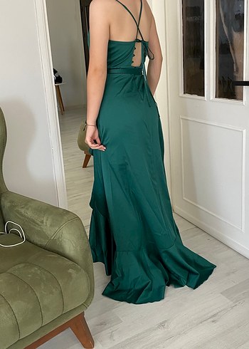 Yeşil Uzun Drapeli ip askılı Elbise - Görsel 2