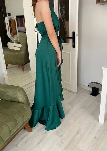 Yeşil Uzun Drapeli ip askılı Elbise - Görsel 3