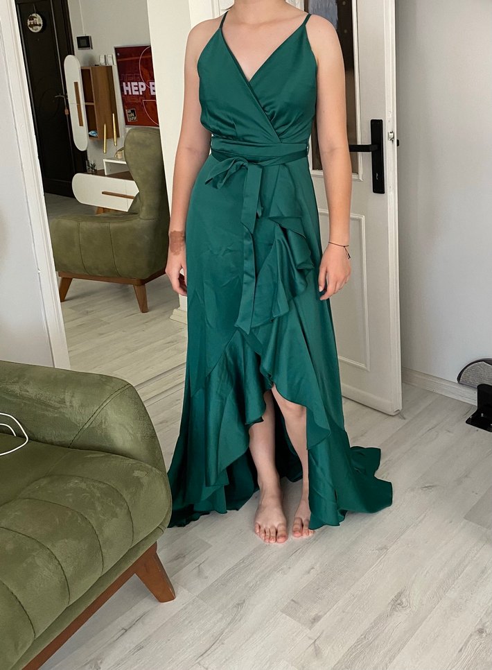 Yeşil Uzun Drapeli ip askılı Elbise - Görsel 4