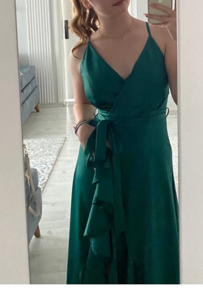 Yeşil Uzun Drapeli ip askılı Elbise - Görsel 5