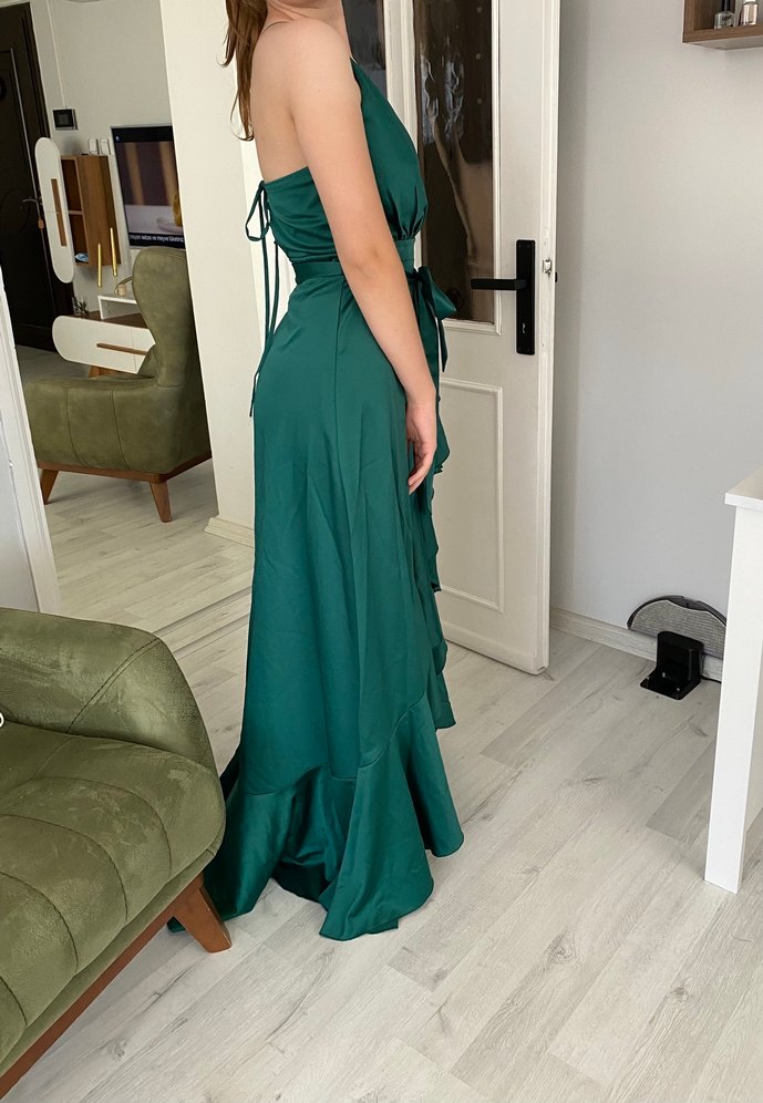 Yeşil Uzun Drapeli ip askılı Elbise - Görsel 3