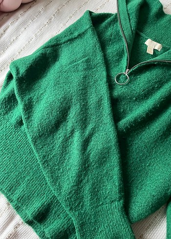 H&M Fermuarlı Yeşil Yünlü Kadın Kazak - Görsel 3