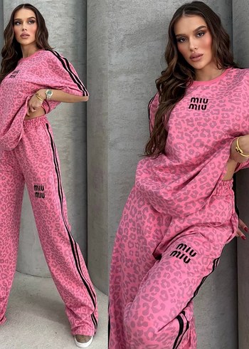 Pembe Leopar Desenli Kadın Eşofman Takımı