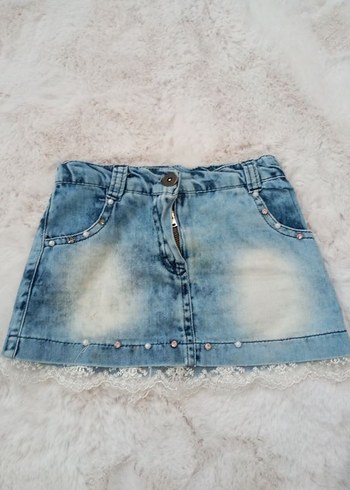 Kız Çocuk Mavi Denim Tül Detaylı Etek