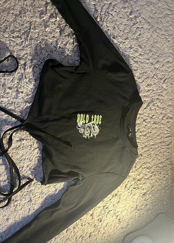 Defacto Siyah Baskılı Uzun Kollu Crop Top