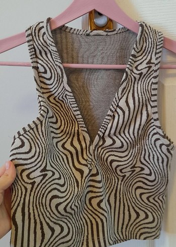 Zebra Desenli Örgü V Yaka Crop Yelek