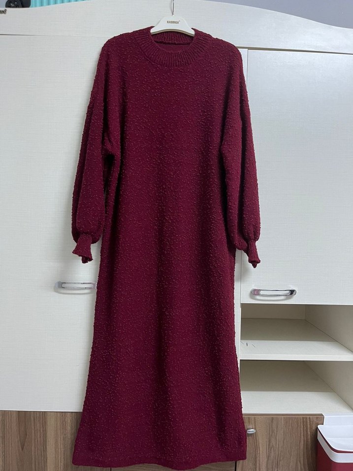 Bordo Kadın Uzun Triko Elbise - Görsel 5