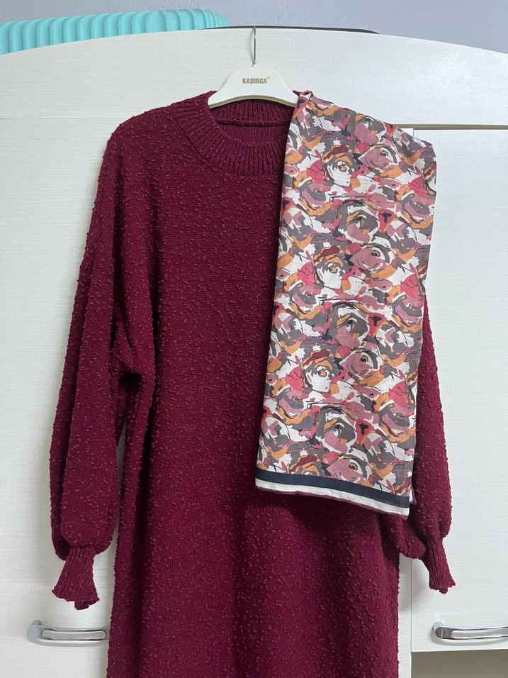 Bordo Kadın Uzun Triko Elbise - Görsel 3